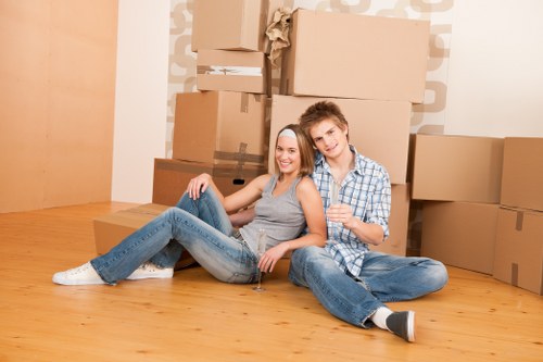 Packed household boxes ready for transport during a moving service